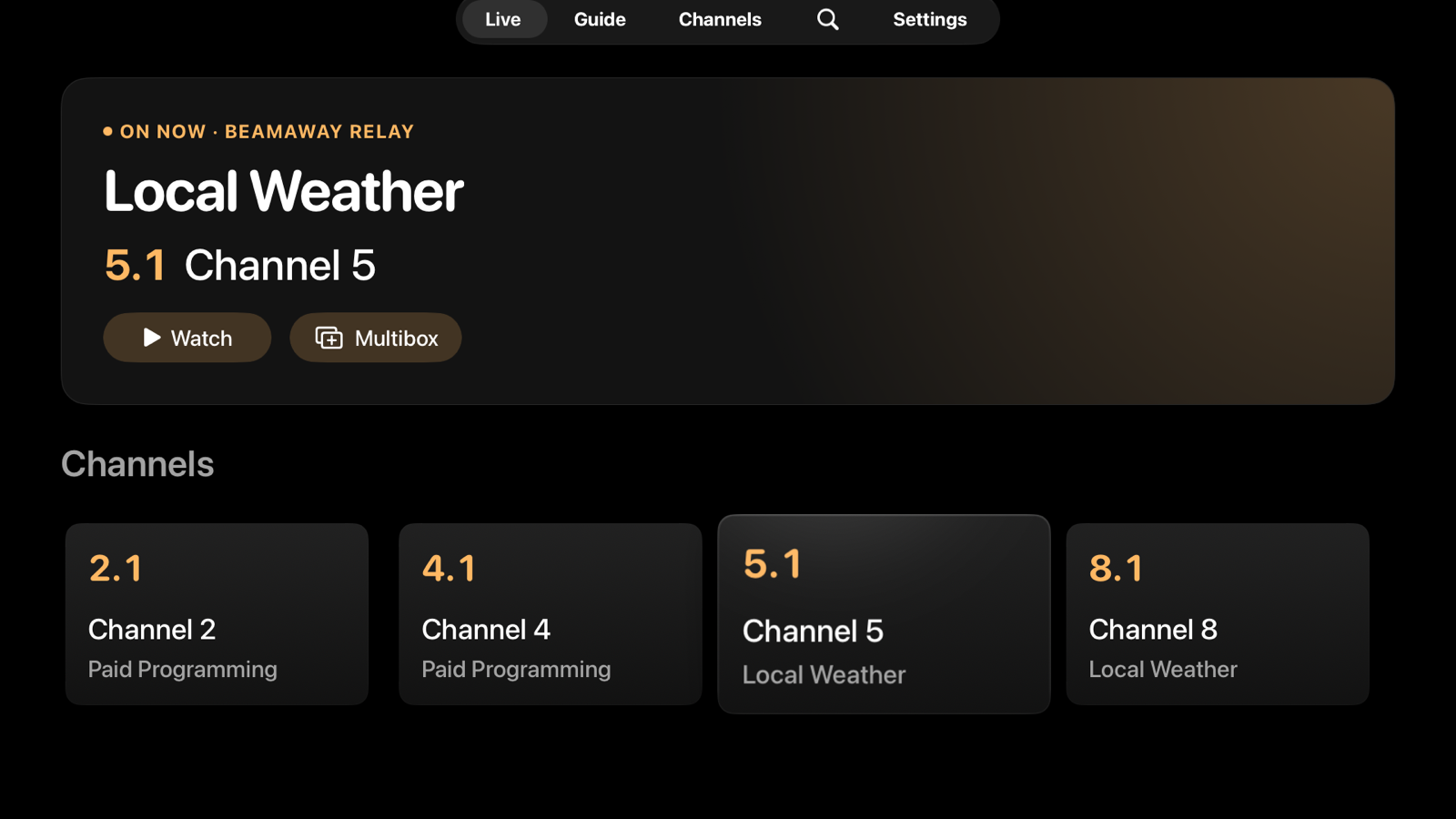 Beamaway on Apple TV: what's on the channel in focus fills the top of the screen, above a row of channel cards.